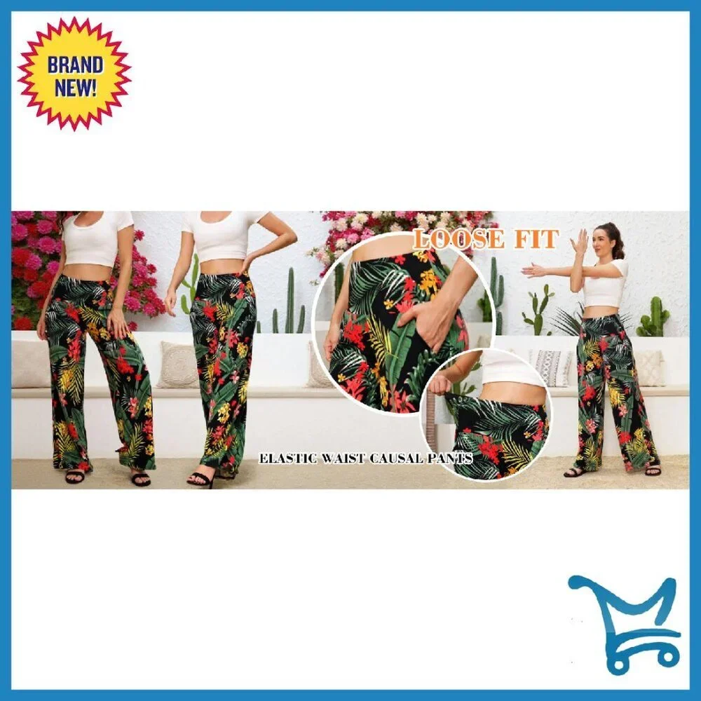 High Waist Wide Leg Lounge Pants with Pockets - Polyester Spandex